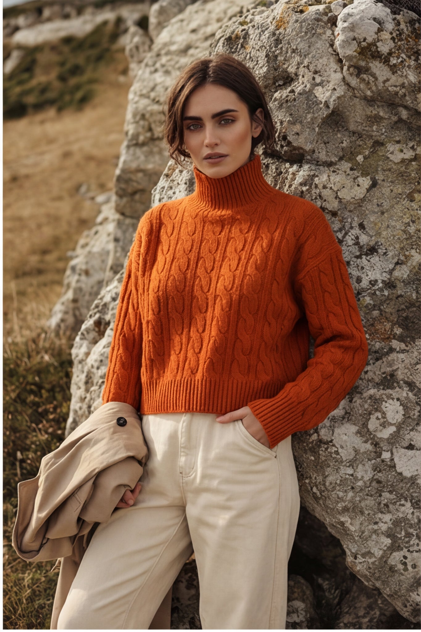 Cable Knit Mock Neck Cropped Sweater