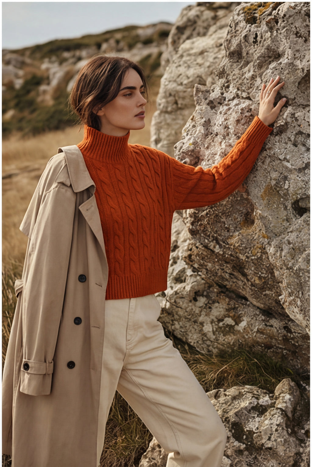 Cable Knit Mock Neck Cropped Sweater