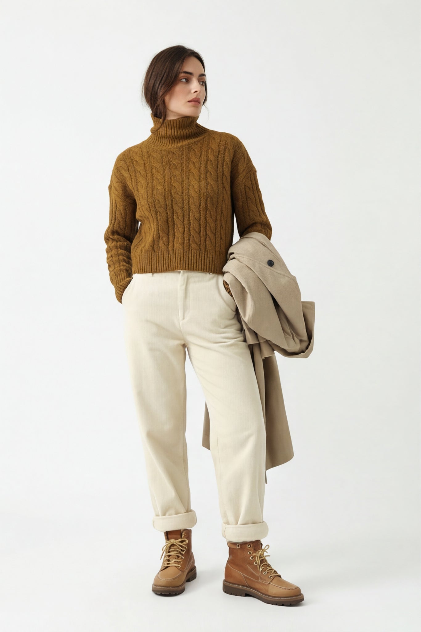 Cable Knit Mock Neck Cropped Sweater