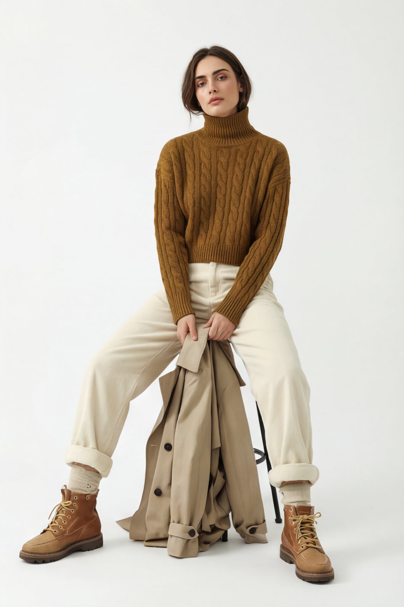 Cable Knit Mock Neck Cropped Sweater – THREE&THUNDER