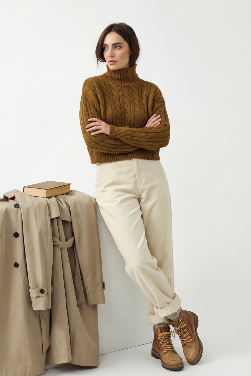 Cable Knit Mock Neck Cropped Sweater