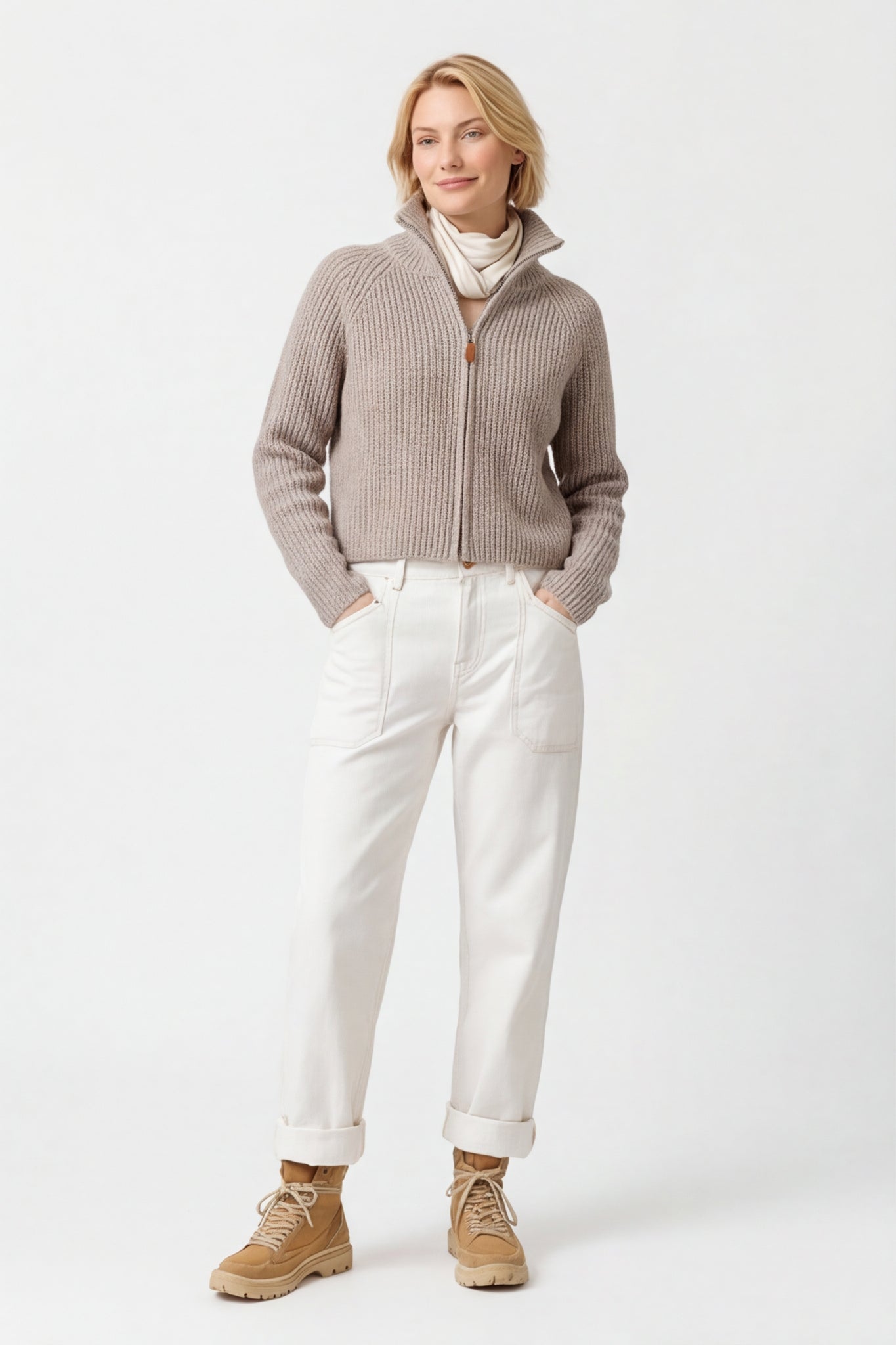Fine Wool Turtleneck Zip Cardigan