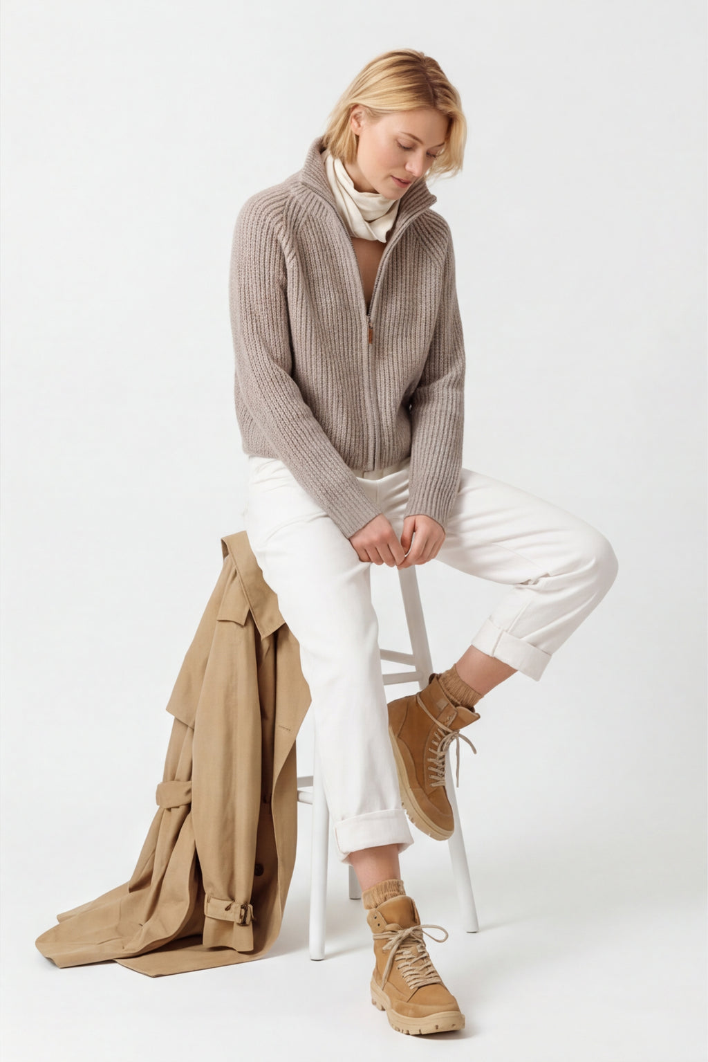 Fine Wool Turtleneck Zip Cardigan