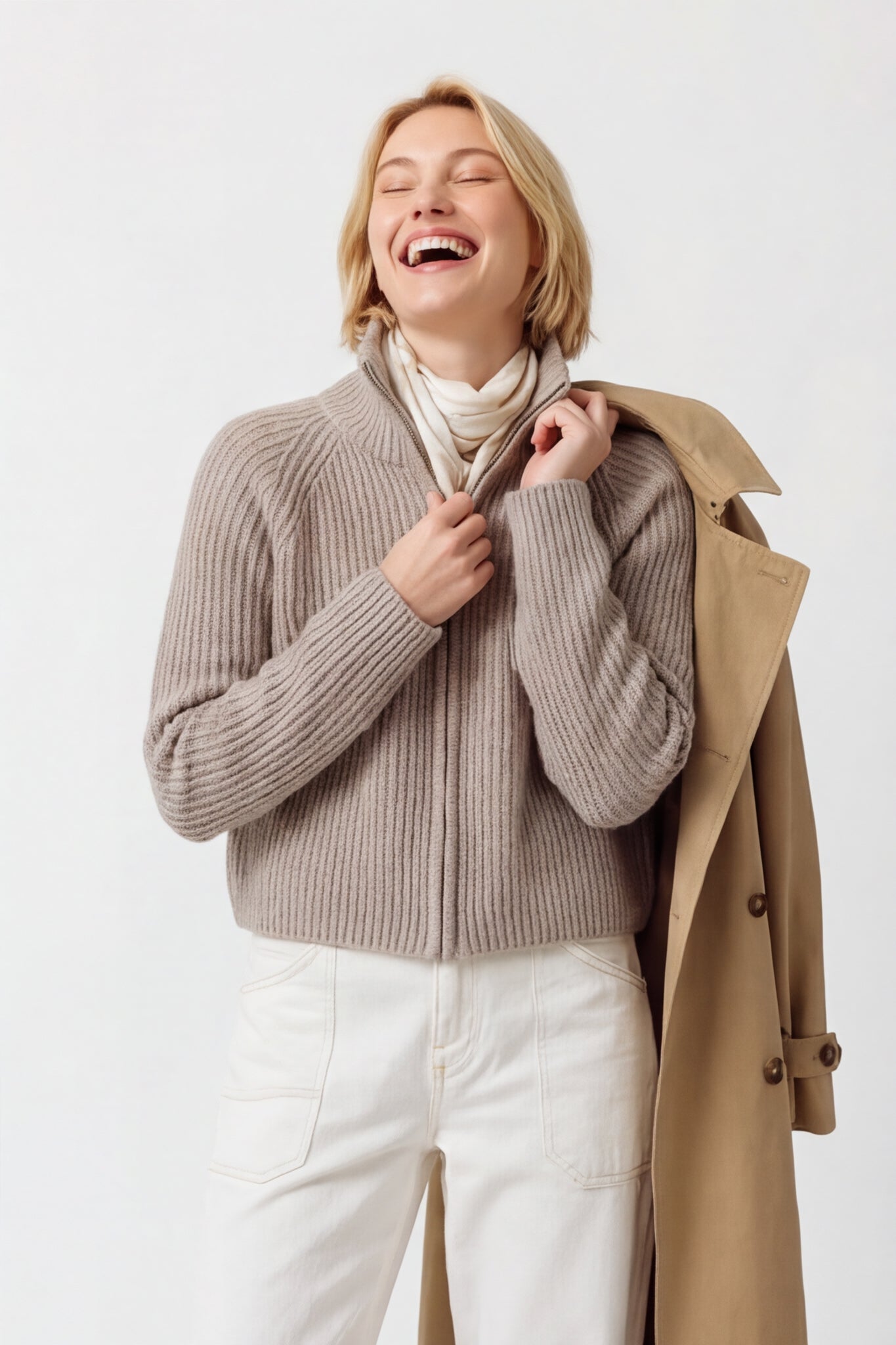 Fine Wool Turtleneck Zip Cardigan
