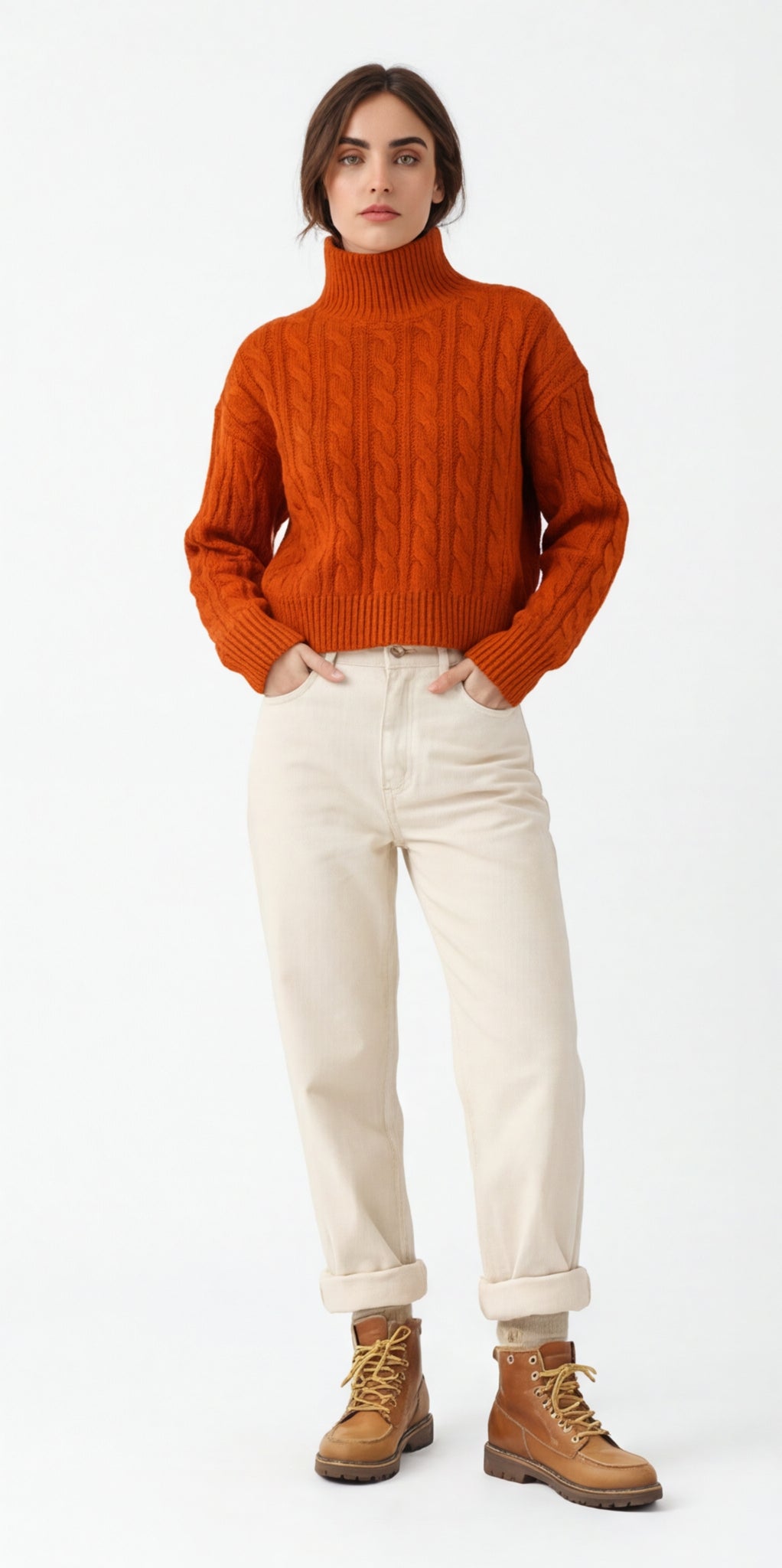 Cable Knit Mock Neck Cropped Sweater