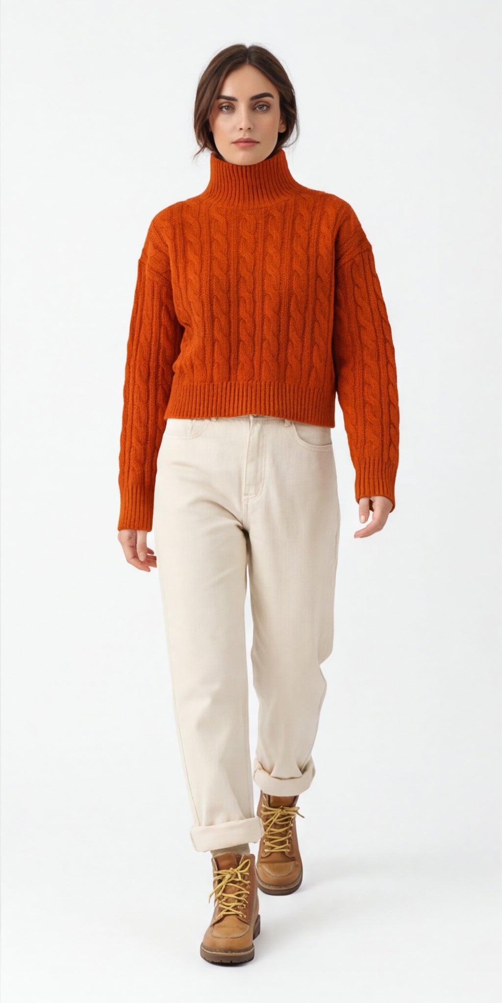 Cable Knit Mock Neck Cropped Sweater
