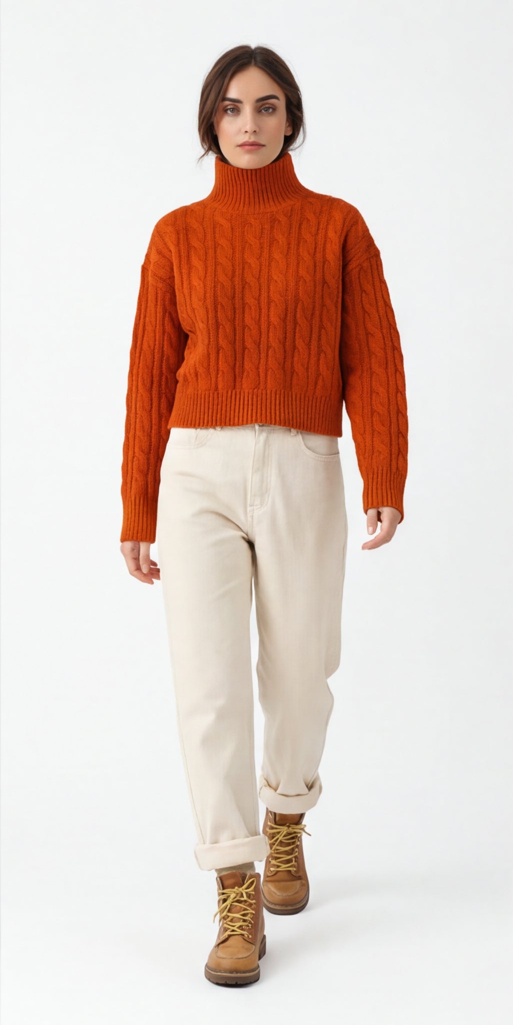 Cable Knit Mock Neck Cropped Sweater