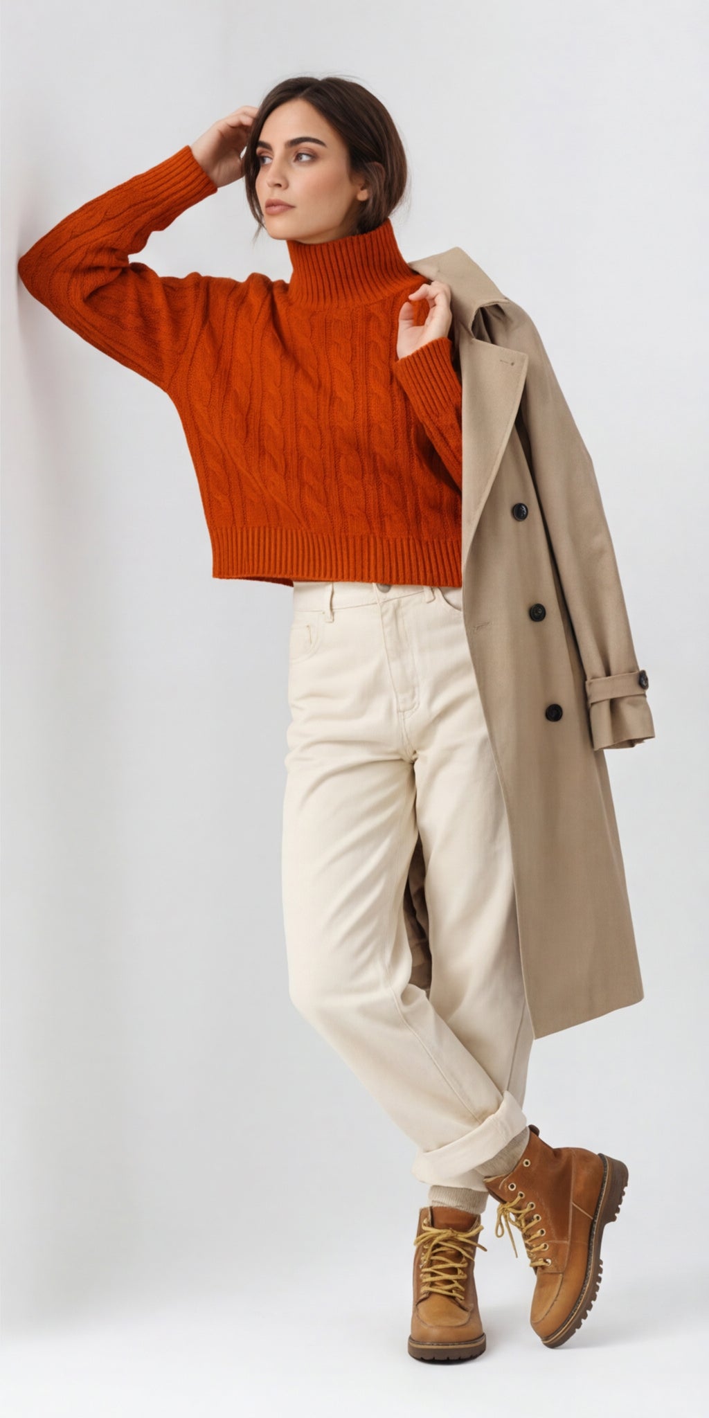 Cable Knit Mock Neck Cropped Sweater