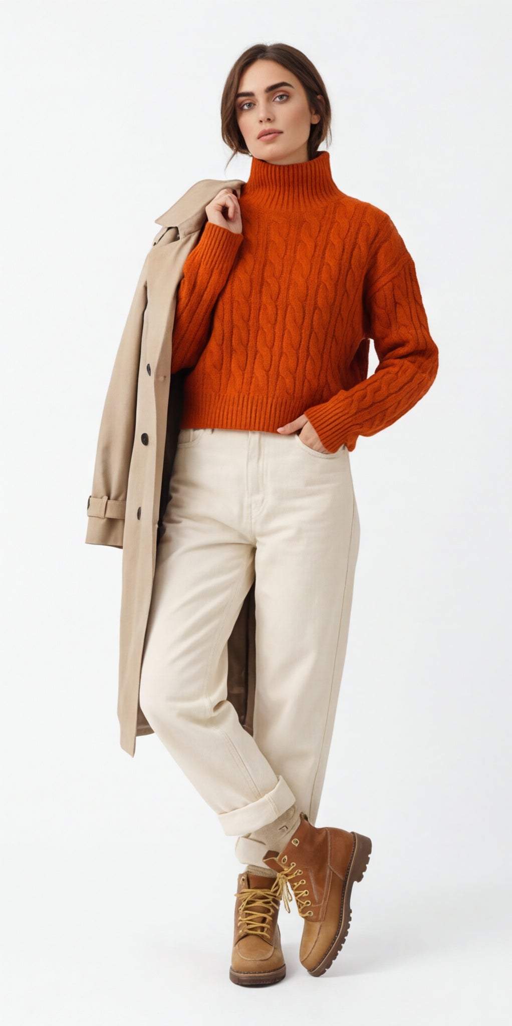 Cable Knit Mock Neck Cropped Sweater