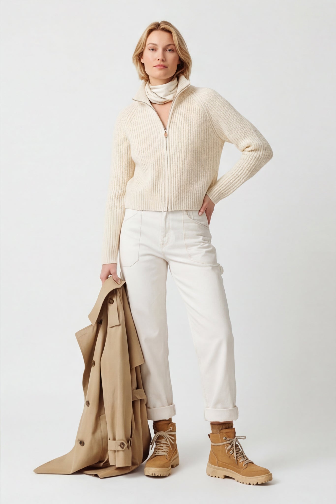 Fine Wool Turtleneck Zip Cardigan
