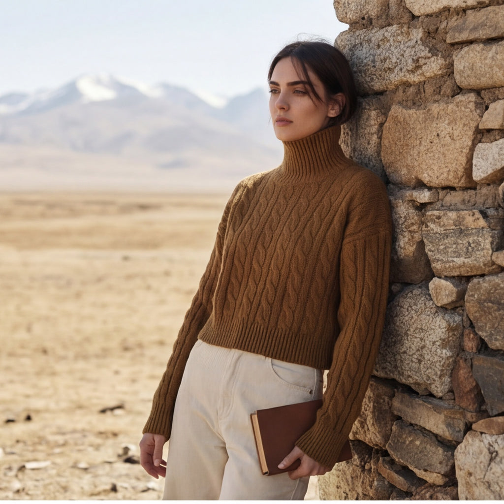 Cable Knit Mock Neck Cropped Sweater