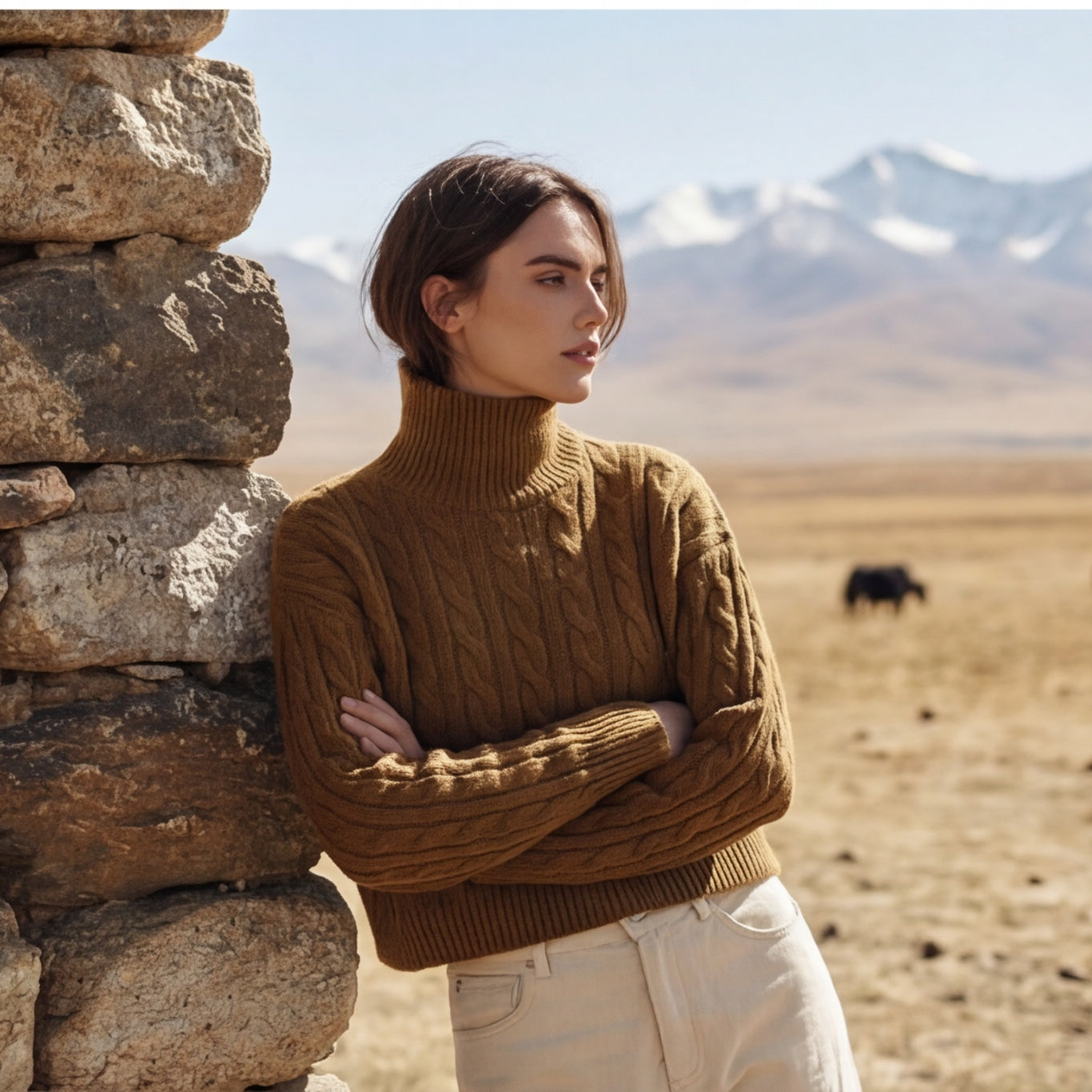 Cable Knit Mock Neck Cropped Sweater